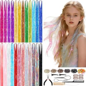 8400 STRANDS Hair Tinsel Kit for Girls, 24 Colors 48 Inches Fairy Hair Tinsel Kit Heat Resistance Colorful Glitter Hair Extensions with Tools for Party Concert