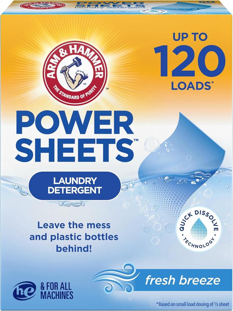 ARM & HAMMER Power Sheets Laundry Detergent, Fresh Breeze Scent, Dissolves in All Wash Temps, Lightweight and Travel-Ready, 60ct, Up to 120 Small Loads