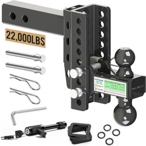 Adjustable Trailer Hitch For 2 Inch Receiver, Dual Ball 2'' & 2-5/16'' with 22,000 LBS Max GTW, 6'' Drop/Rise Tow Hitches, Premium Manganese Steel, Bulletproof Locking Pin, Anti Rust, Anti Rattle (6")