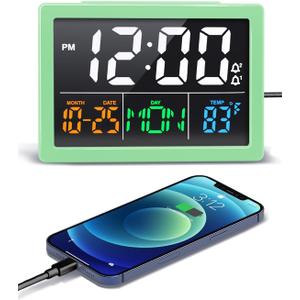 Digital Alarm Clock, with 5.5" Large LED Time Display, Adjustable Alarm Volume, 6 Level Brightness, Alarm Settings, USB Charger, Temperature Detect, Snooze, Clocks for Bedroom, Bedside, Desk, Green