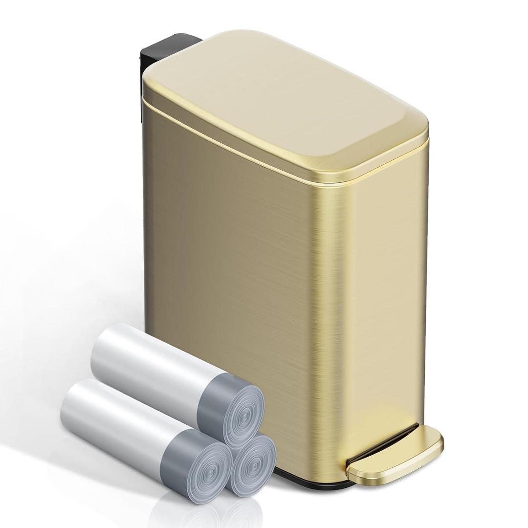 KSSKSS Small Bathroom Trash Can with Lid Soft Close, Step Pedal, 6L / 1.6 Gal Stainless Steel Garbage Bin with Removable Inner Bucket, Slim Wastebasket for Narrow Spaces (Gold)