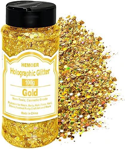HEMOER Gold Glitter, 100g/3.5oz Holographic Chunky Glitter Mixed Hexagon Chunky & Fine Flakes Iridescent Sequins for Epoxy Crafts, Resin, Nail Body, Tumblers, Party Decoration