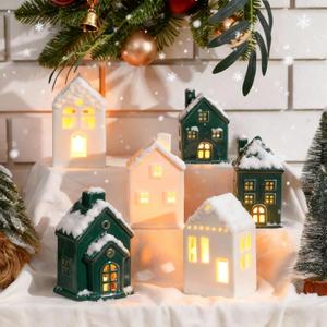 6 Pcs Ceramic St. Patrick's Day Village Houses LED Lighted Irish Village Sets Holiday Gift for DIY St. Patrick's Day Holiday Miniature Porcelain House Figurines for Home Tabletop Mantel Shelf Decor
