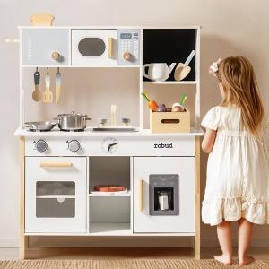 ROBUD Kids Play Kitchen - Wooden Toy Kitchen with Planting Box, Montessori Pretend Kitchen playset with Ice Maker and Pizza Oven for Toddlers 3-8