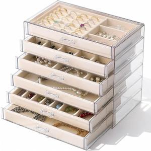 6 Drawer Clear Acrylic Jewelry Organizer with Velvet Lined Trays, Jewelry Box with Drawers for Earrings, Rings, Necklaces, Brooch, Bracelets, Watches, Stackable Storage Organizer for Women, Gift Ready