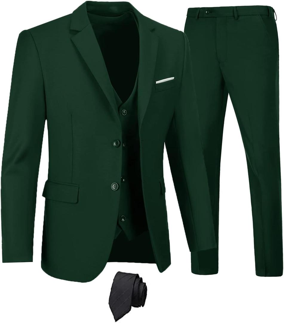 Furuyal Men's Suits 3 Piece Slim Fit Suit Set,Two Button Wedding Business Tuxedo Solid Blazer Jacket Vest Pants with Tie (Dark Green)