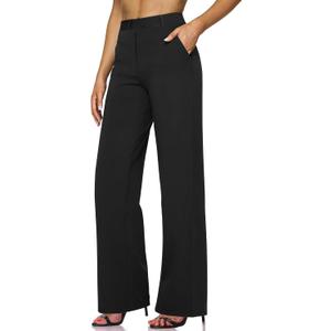Narcissus Women's Business Casual Slacks Straight Leg Dress Pants with Pockets Elastic Waist Stretchy Office Trousers for Work (Black Regular S)