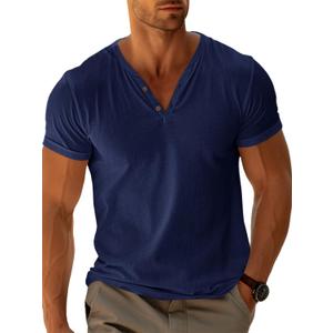 Runcati Mens Casual T Shirts Short Sleeve V Neck Henley Linen Shirt Button Basic Fashion Summer Beach Tee Tops (Large)
