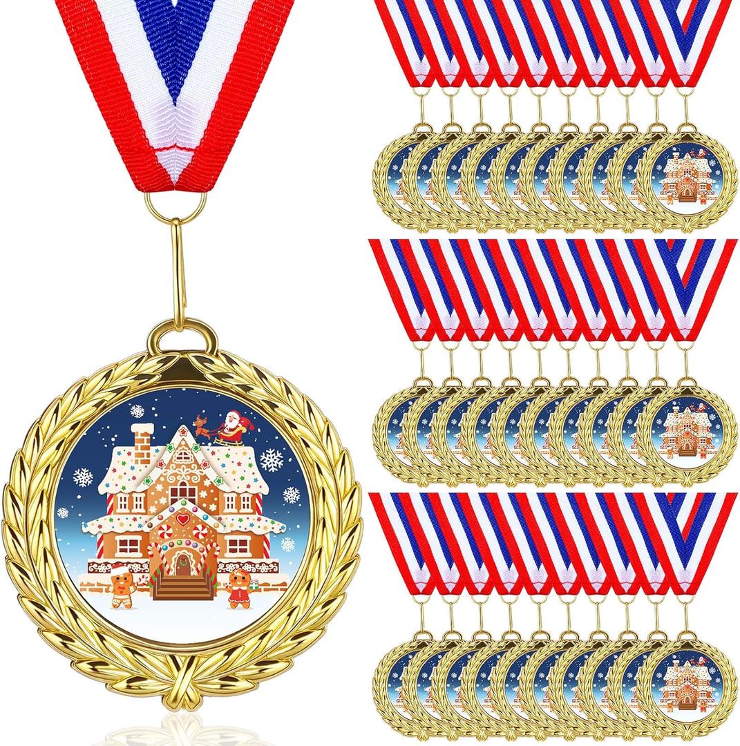 30 Pcs Gingerbread House Medals 2.7 Inch Christmas Award Medals Bulk Metal Gingerbread Trophy Awards with Neck Ribbon for Christmas Contest Game Party Celebrations Competitions