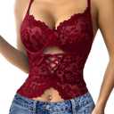 Lilosy Sexy Criss Cross Corset Underwire Floral Lace Sheer Garter Belt Lingerie Set 2 Piece (Medium, Burgundy Red)