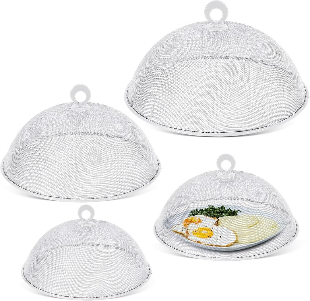 Baderke 4 Pcs Metal Mesh Food Cover 14'' 12'' 11'' 10'' Outdoor Picnic Food Net Covers for Outside Keep out Flies for Table Picnic Camping(White)