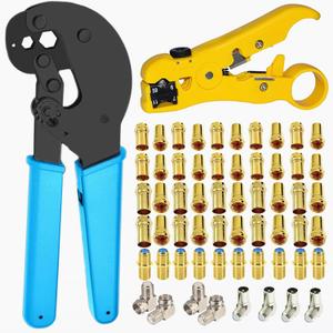 Coaxial Cable Crimping Tool Kit, RG11 Crimping Tool with 20PCS Dual Shielded Coaxial Crimping Connectors, 20PCS Quad Shielded RG6 Crimping Connectors, 10PCS Female to Female Connector