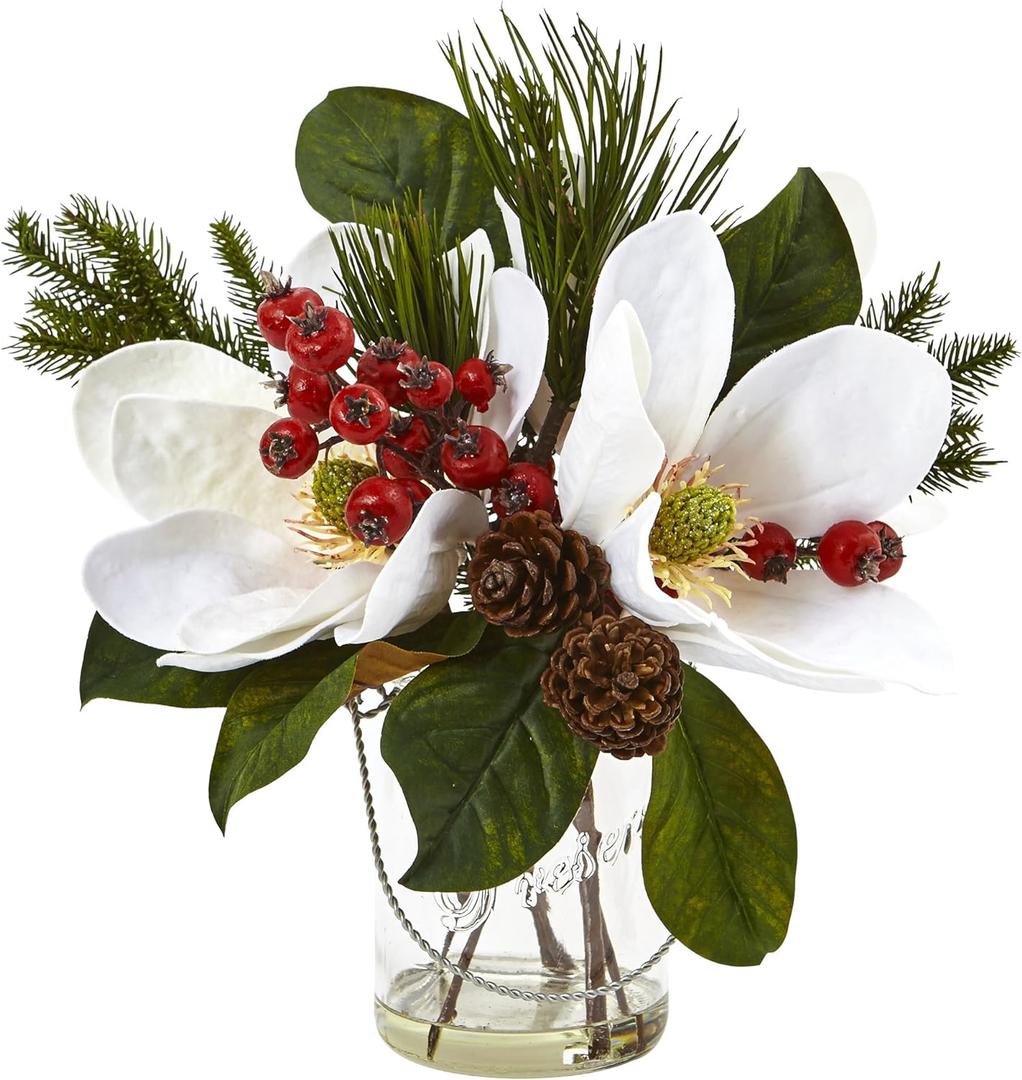 Nearly Natural Magnolia, Pine, and Berry Holiday Arrangement in Glass Vase