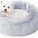 Calming Dog Bed & Cat Bed for Indoor Cats, Medium Size Washable Anti-Slip Anti-Anxiety Donut Dog Beds for Small Dogs & Cats, Fluffy Plush Cozy Round Dog Bed(20 Inch, Light Grey)