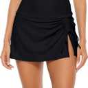 ALove Womens High Waisted Split Swim Skirt Sporty Drawstring Skirted Swim Bottom with Built-in Panty (Small, Black)