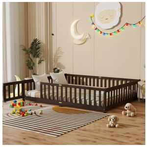 Queen Size Floor Bed Frame with Slats and Safety Guardrail, Wood Queen Size Montessori Floor Bed with Door and Fence, Easy Assemble Montessori Beds for Kids, Girls, Boys, Espresso