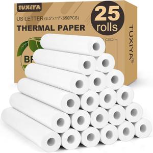 TUXIYA 25 Rolls Thermal Printer Paper 8.5"x11" US Letter Size, BPA free Quick-Dry Thermal Paper,Thermal Printing Paper Rolls Compatible Most Portable Printers(About 650 Sheets)