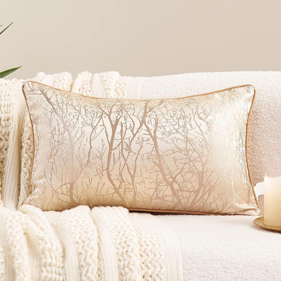 Avigers 12 x 20 Inch Rectangle Beige Brown Gold Tree Branch Embroidery Cushion Case Luxury Modern Throw Pillow Cover Decorative Pillow for Couch Living Room Bedroom Car