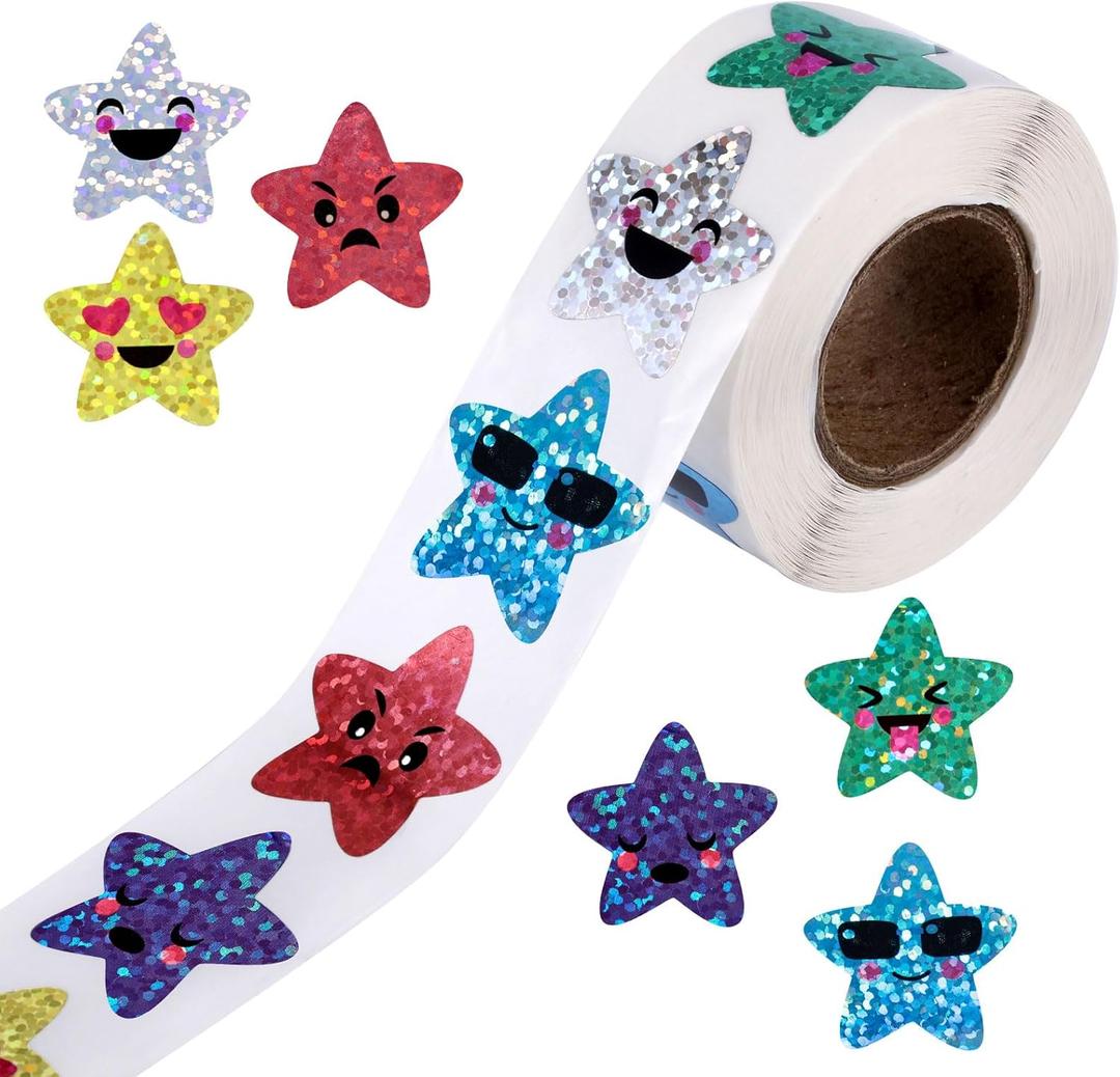 500pcs Glitter Smiling Star Stickers, 1 Inch Sparkly Sticker Roll, Shiny Foil Incentive Stickers for Classroom Children Rewards, Homework, Students, Kids, School Teachers, Crafts Supplies