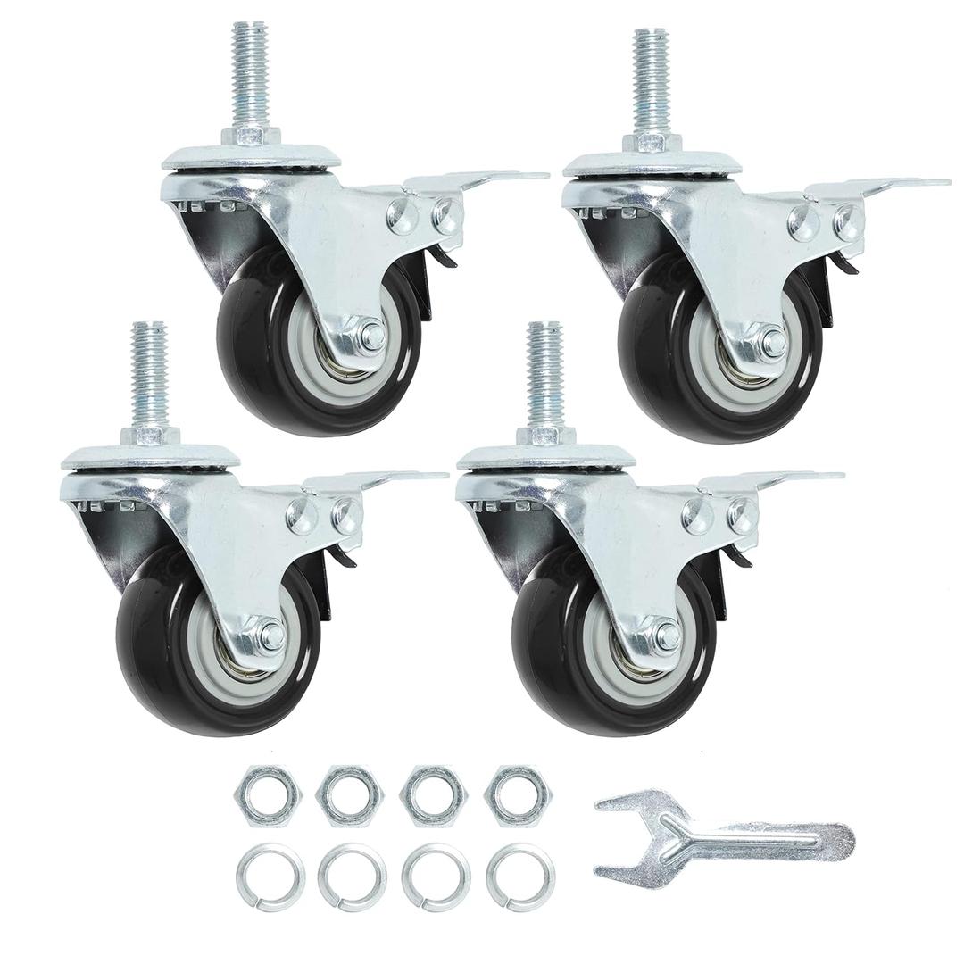 Finnhomy Stem Caster Wheels 2 Inch Heavy Duty Threaded Swivel Casters 5/16" -18 x 1 with Brake Set of 4 Premium Polyurethane Wheels PU Load Bearing 800 Lbs Anti-wear Smooth Casters, Black