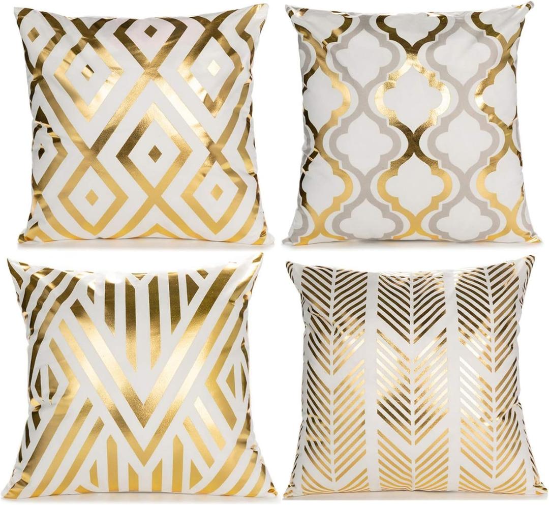 ZLINA Home Decorative Set of 4 Throw Pillow Covers Gold Foil Pillow Covers 18 18 Inch Geometric Square Cushion Covers Decor Couch Sofa BedroomWhite and Gold