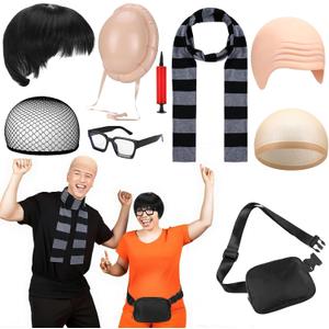 9 Pcs Halloween Criminal Couple Costume Accessories Include Short Mushroom Wig Inflatable Fake Belly Black Fanny Pack Square Glasses Gray Striped Scarf Bald Cap for Halloween Party Cosplay
