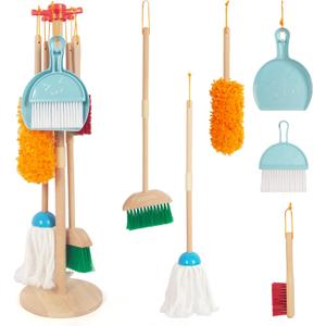 Kids Cleaning Set, Housekeeping Play Set Includes Broom Mop Duster Dustpan Brushes Rag and Organizing Stand, Cleaning Toys Gift for Toddlers Girls Boys Age 3-6, Solid Beech Wood (Blue)