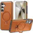 for Samsung Galaxy S25 Plus Case with Stand Magnetic, Compatible with MagSafe Ring Leather Case, with Camera Lens and Screen Protector, Protective Military Grade Shockproof, Brown