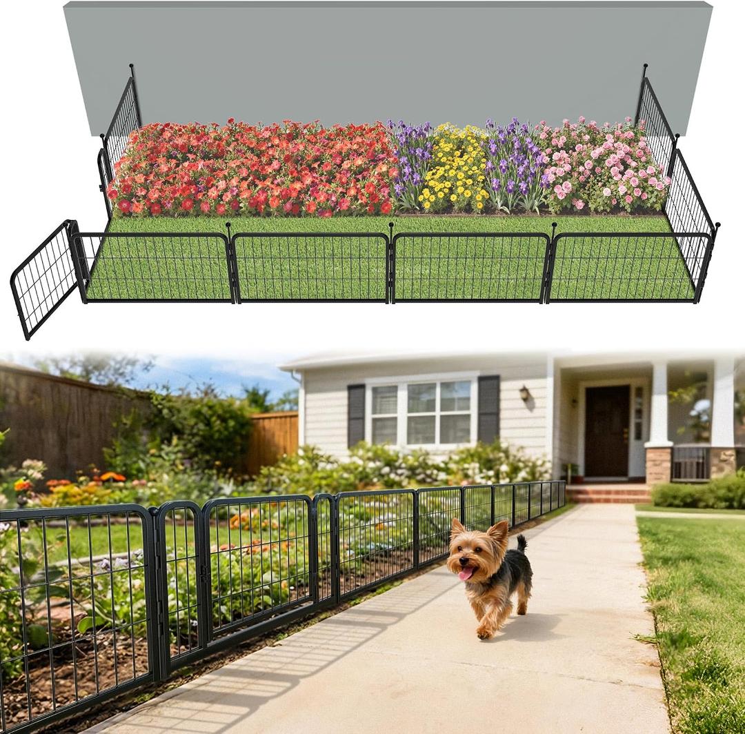 FXW Garden Fence Outdoor for The Yard 17in(H) x 19.6ft(L) Heavy Duty Metal Animal Barrier for Dog, No Dig Decorative Dog Fence, 8 Panels, Black