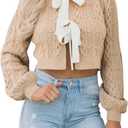 Saodimallsu Womens Cropped Cable Knit Cardigan Sweaters Long Sleeve Bow Tie Front Crew Neck Chunky Sweater Tops (Beige, XL)