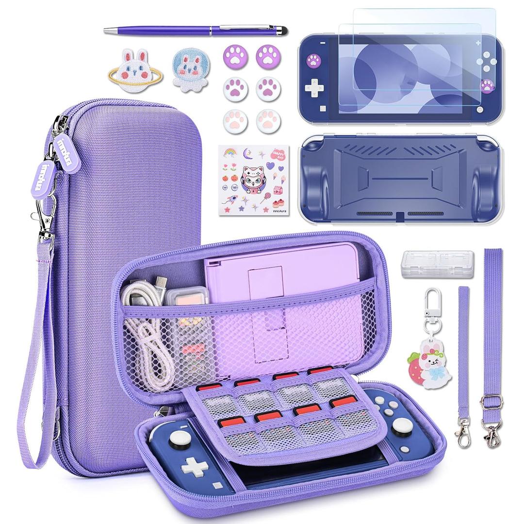 InnoAura Switch Lite Case 18-In-1 Accessories Bundle for NS Switch Lite (2019), with Protective Carrying Case, Game Holder, Screen Protector & Cute Thumb Grips, Purple