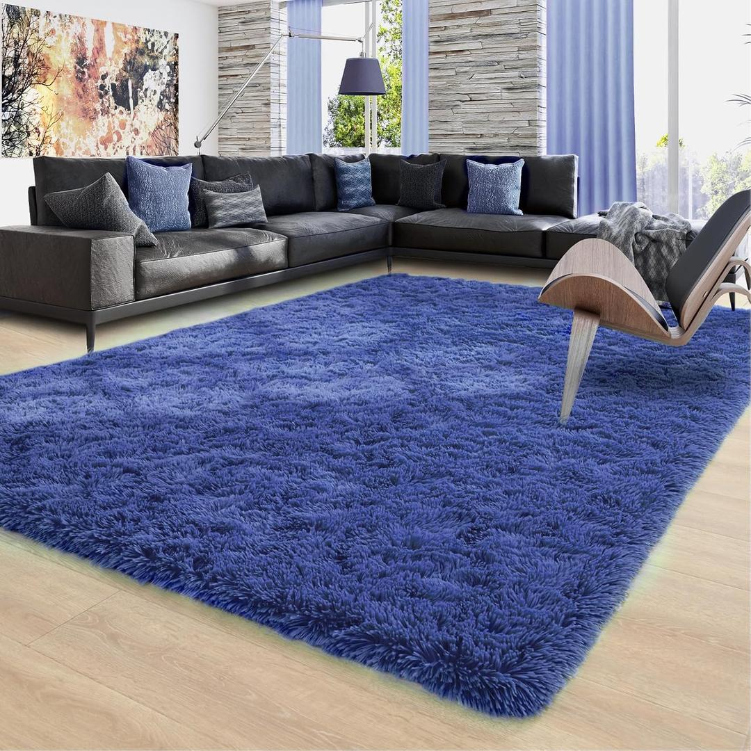 Ompaa 8x5 Area Rugs for Living Room Bedroom Rug Under Bed, Navy Blue Large Shag Carpet, Fluffy Dorm Rug for Classroom Kids Rooms, Modern Apartment Indoor Home Decor