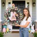 Easter Egg Wreath for Front Door, 20 inch Farmhouse Easter Wreath with Colorful Pastel Eggs, Wooden Rabbit, Spring Wreath for Easter Wall Decor Holiday Decoration