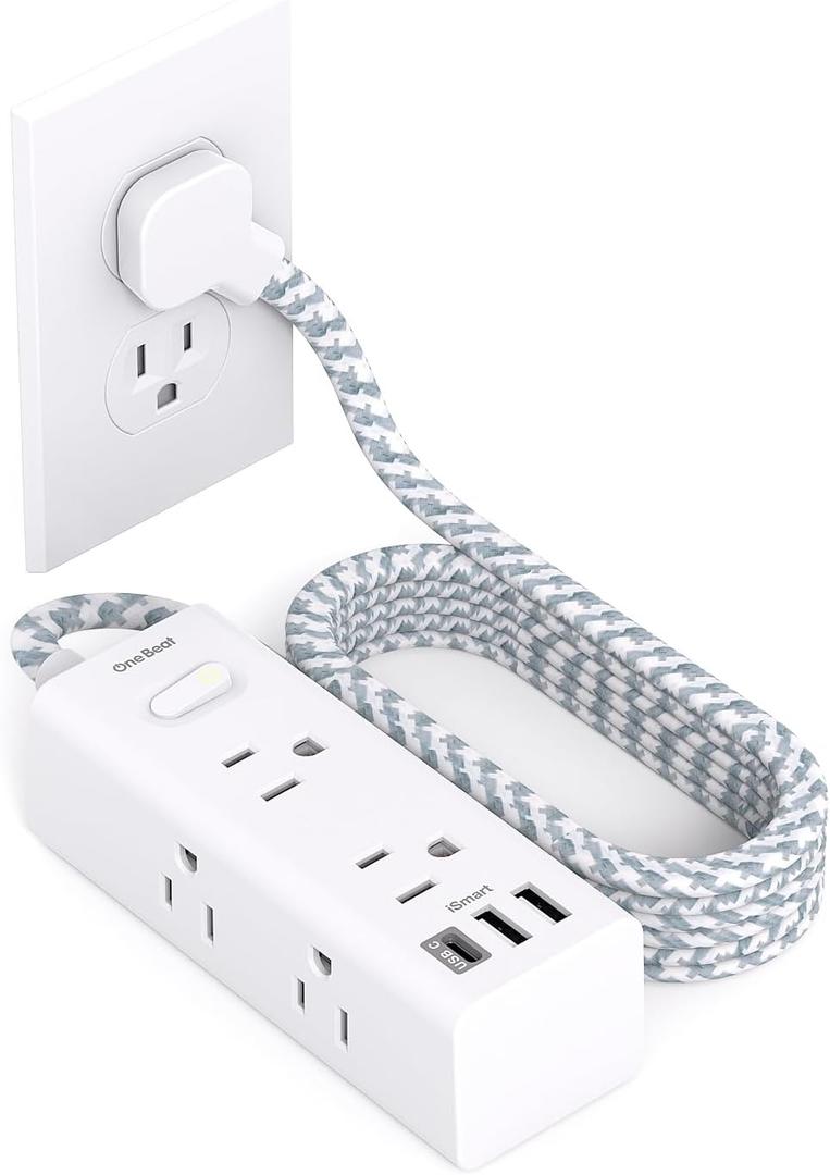 Power Strip Surge Protector - One Beat 6 Widely Outlets with 3 USB Ports(1 USB C), Flat Plug Extension Cord, Multi Plug Wall Outlet Extender, Small Power Strip for Home Office Travel College Dorm Room (5FT)