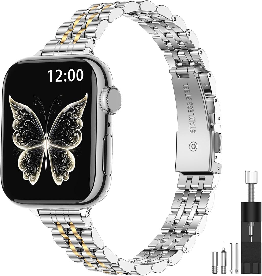 MioHHR Slim Metal Bands Compatible with Apple Watch Band Ultra3/2/1 Series 11 10 9 8 7 6 5 4 3 2 1 SE3/2/1, Thin Stainless Steel Strap for Women iWatch Band 49mm 46mm 45mm 44mm 42mm 41mm 40mm 38mm (Silver/Gold-5)