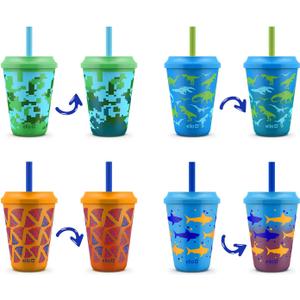 Ello 12oz Kids Plastic Reusable Color Changing Cups with Twist on Splash-Proof Lids and Straw, BPA Free, Dishwasher Safe (Rainforest, Pack of 4)