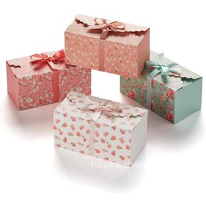 Floral Gift Boxes with Lids & Ribbons (20 Pack) 8 x 4 Cute Decorative Spring Treat Boxes Empty for Small Presents, Cookies, Mithai Indian Sweets, Mothers Day, Candy, Party Favors, Bulk Unique Return