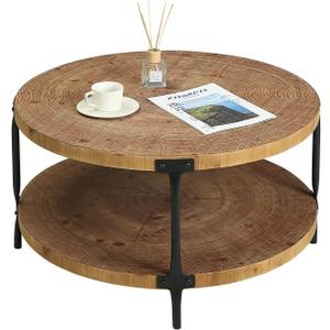 Round Boho Wood Coffee Table - 29.1" Farmhouse Natural Circle Wooden 2-Tier Coffee Tables Living Room Furniture, Natural Wood Color, 29.1" D x 18.3" H