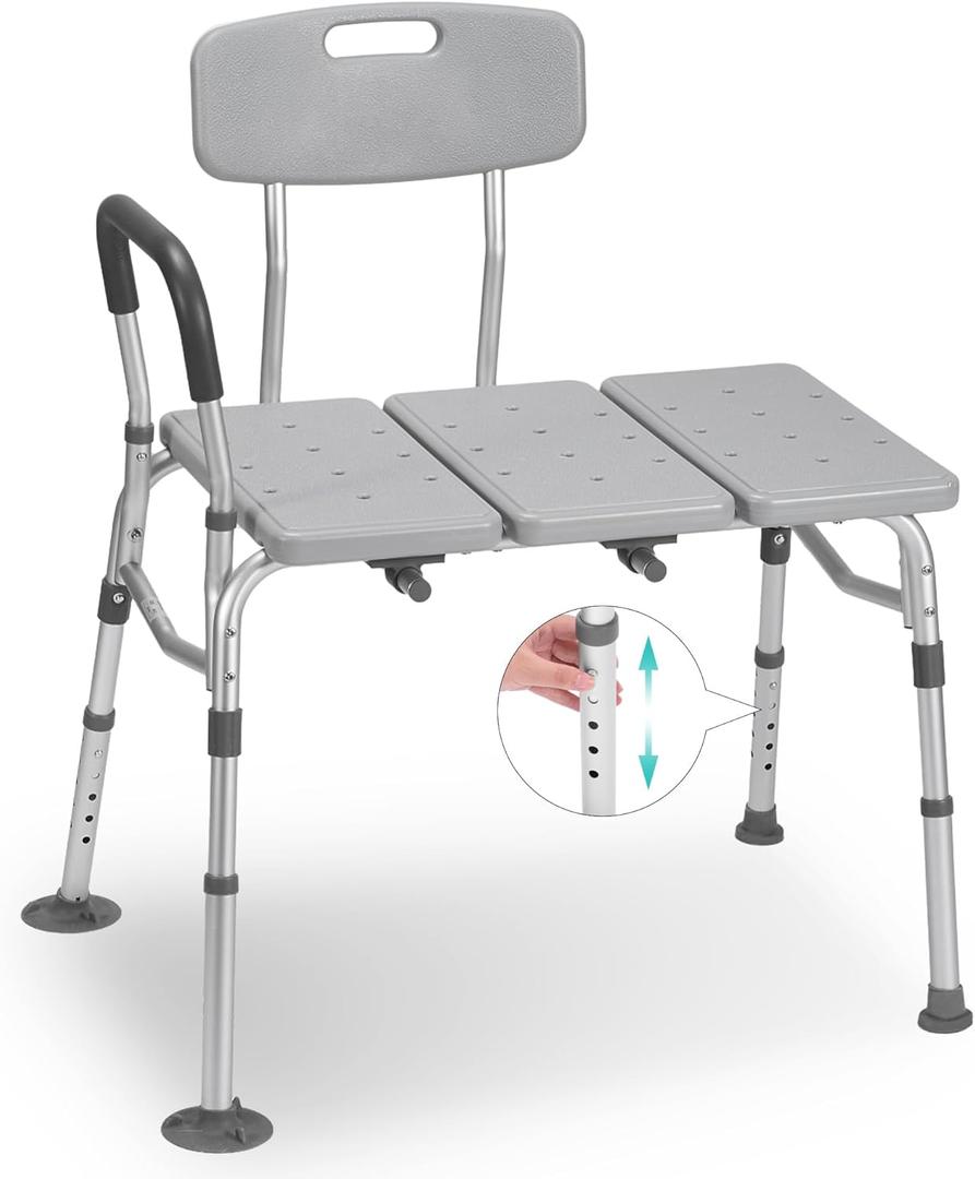 Careboda Tub Transfer Bench and Shower Chair for Bathtub, Adjustable Shower Bench and Bath Seat with Backrest and Soft Arm Support for Seniors and Elderly, 400lb. Weight Capacity