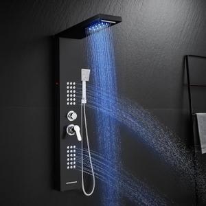 ROVATE LED Shower Panel Tower System Stainless Steel, Rainfall Waterfall Shower Panel with Jets and Handheld, 5 in 1 High Pressure Shower Tower System with Tub Spout, Black
