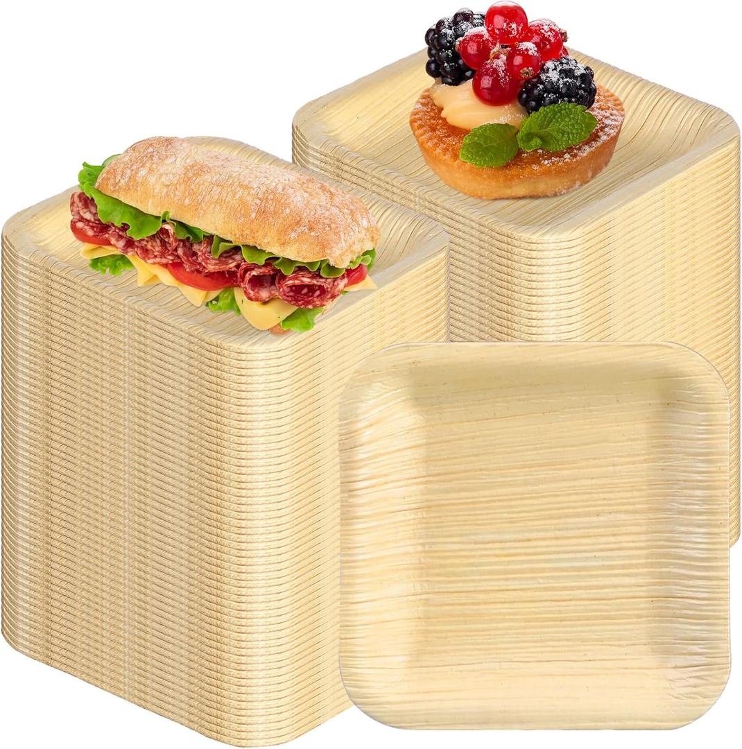 Sliner 200 Pieces Bamboo Plates Bulk Palm Leaf 4 Inch Square Disposable Dessert Plates Serving Appetizer Platters Dinnerware for Guests Weddings Party Catering Events