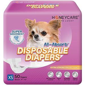 HONEY CARE All-Absorb Disposable Female Dog Diapers Extra Small Size, Improved, 50 Count, Super Absorbent, Breathable, Wetness Indicator (Pack of 1, 50 Count Total)