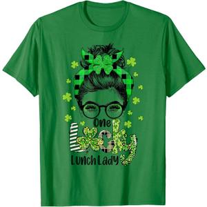 One Lucky Lunch Lady Shamrock Messy Bun Funny St Patrick Day T-Shirt (Green, S)
