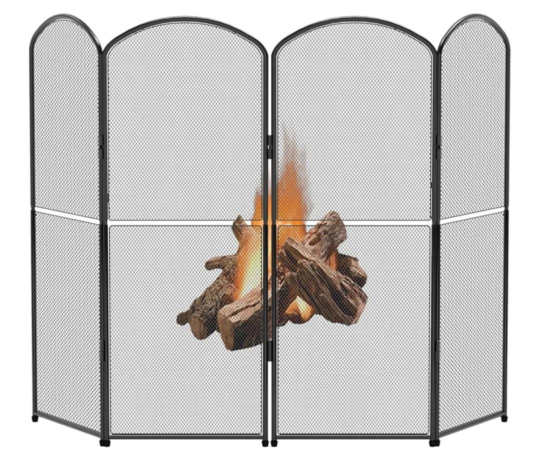 Fireplace Screen Stand Black 4 Panel Fireplace Cover Metal Fire Spark Guard Cover Foldable Decorative Fireplace Screen for Home Indoor Fireplace, Black (47.8" W x 31" H)