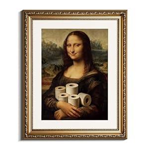 InSimSea 13x16 Framed Funny Bathroom Canvas Wall Art, Humorous Mona Lisa Holding Toilet Paper Picture Wall Decor, Classical Vintage Painting for Bathroom Restroom