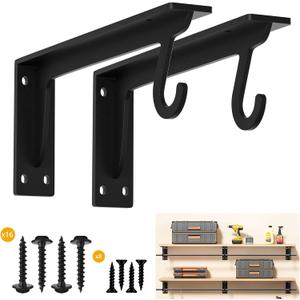 Closet Rod Support Bracket WYGWP 13.5 inch Heavy Duty Shelf Brackets with Rod Holders Support 400lbs Wall Mounted Sturdy 2 Pack (14in-2pc-Black)