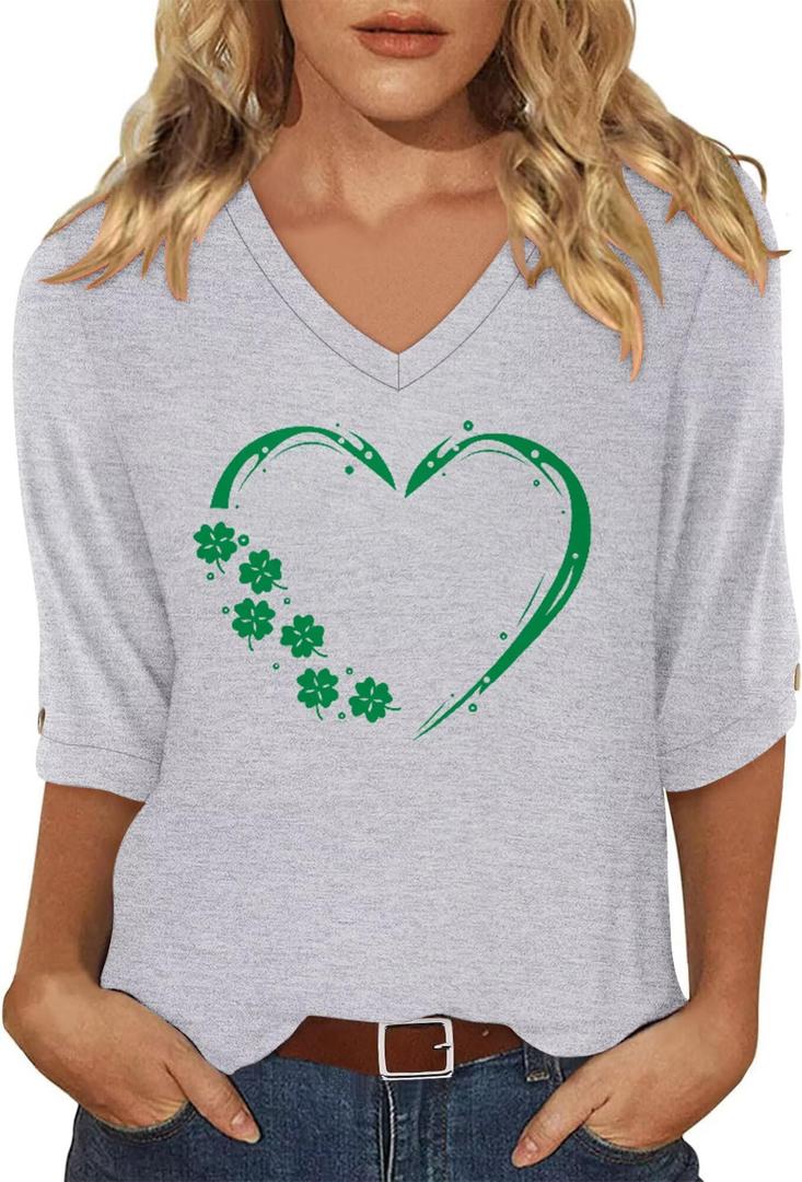 KISSMODA Tops for Women 3/4 Length Sleeves Loose V-Neck Boho T-Shirts Casual Sleeve Tunic Blouses Green Heart Clover