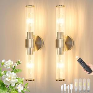 Morauroral Sand Nickel Battery Operated Wall Sconces Set of Two, Rechargeable Wall Sconce with Dimmable Remote Control, 20 Inch Wireless Sconce Wall Light for Bedroom, Living Room (Bulbs Included)