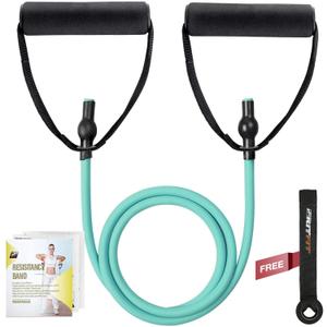 RitFit Single Resistance Exercise Band with Comfortable Handles - Ideal for Physical Therapy, Strength Training, Muscle Toning - Door Anchor and Starter Guide Included (Aqua(12-16lbs))