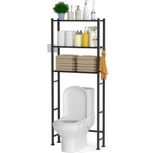 3-Tier Over The Toilet Storage Cabinet with Paper Holder and 4 Hooks, Metal Over Toilet Bathroom Organizer and Storage Shelf, Bathroom Shelves for Living Room/Laundry/Balcony(Black)
